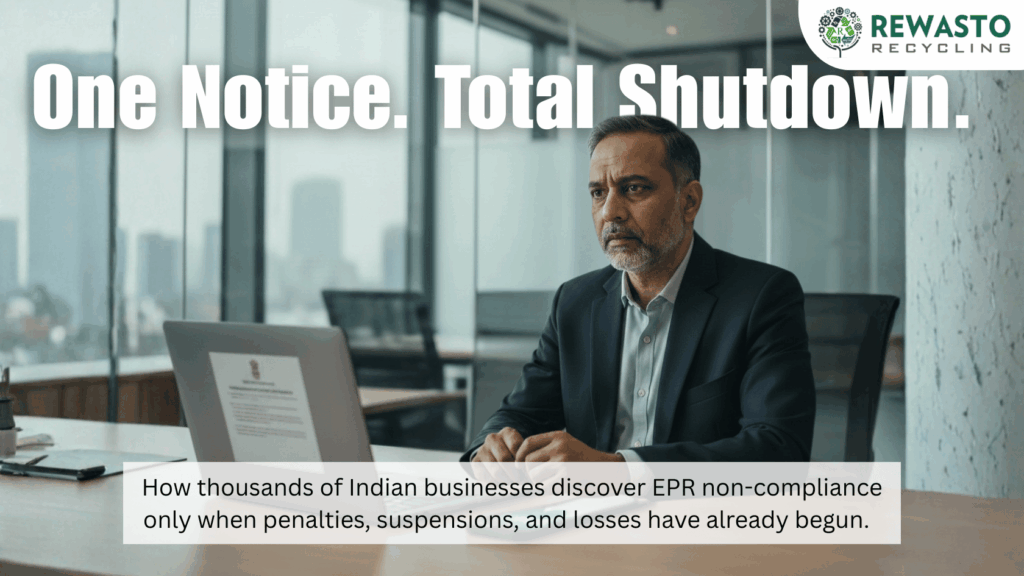 Indian business executive reviewing an official notice on a laptop in a modern office, highlighting the real impact of missing EPR compliance and the importance of timely recycling responsibility management through Rewasto recycling solutions.