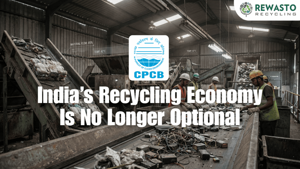 Large-scale Indian recycling facility processing e-waste, plastic, and batteries under government monitoring, representing EPR compliance in action and structured recycling operations supported by Rewasto recycling partners.