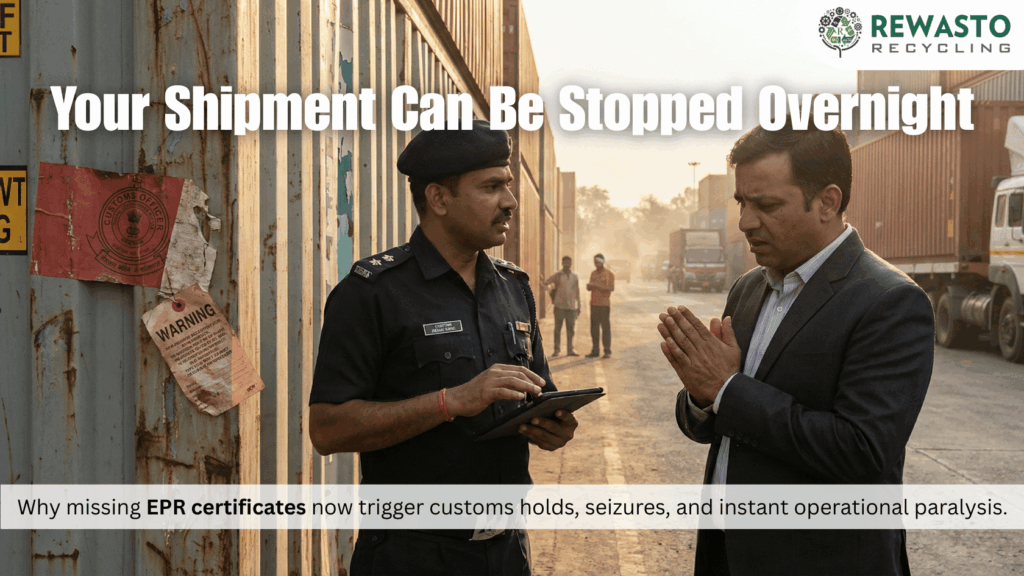 Indian customs inspection at a container depot with shipments held for regulatory checks, showing how lack of EPR compliance can stop imports and why businesses rely on Rewasto recycling for compliant waste management.