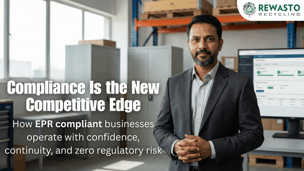 Confident Indian business leader in a modern operations environment symbolizing EPR compliance readiness, sustainable growth, and trusted recycling support through Rewasto recycling solutions.