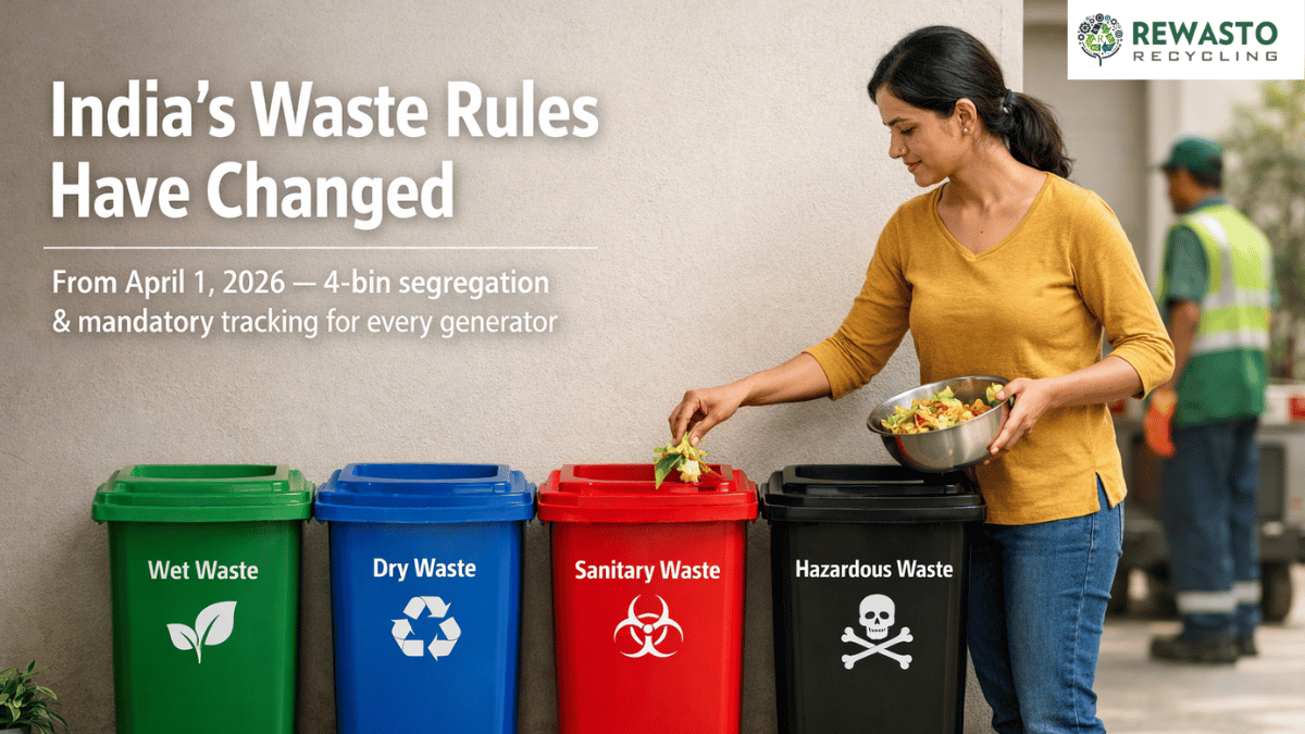 Indian household practicing four-bin waste segregation with sanitation workers and system support reflecting SWM Rules 2026 implementation