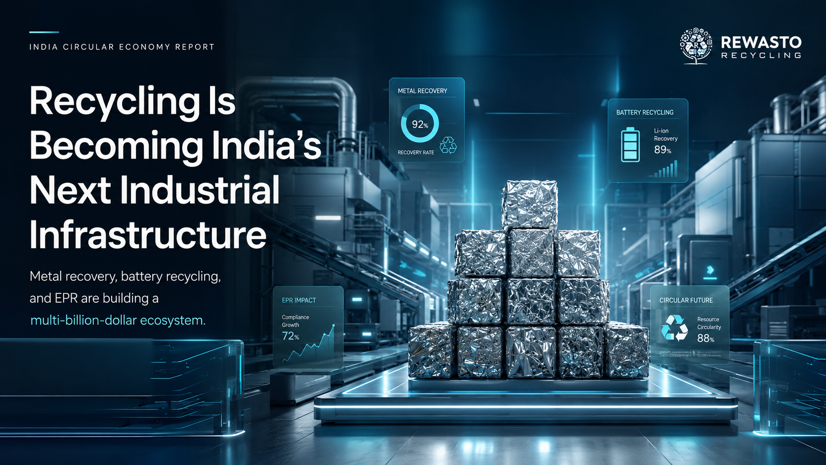 Rewasto Recycling modern industrial recycling infrastructure visual featuring metallic recycled material systems, futuristic processing environments, and premium blue gradient sustainability design