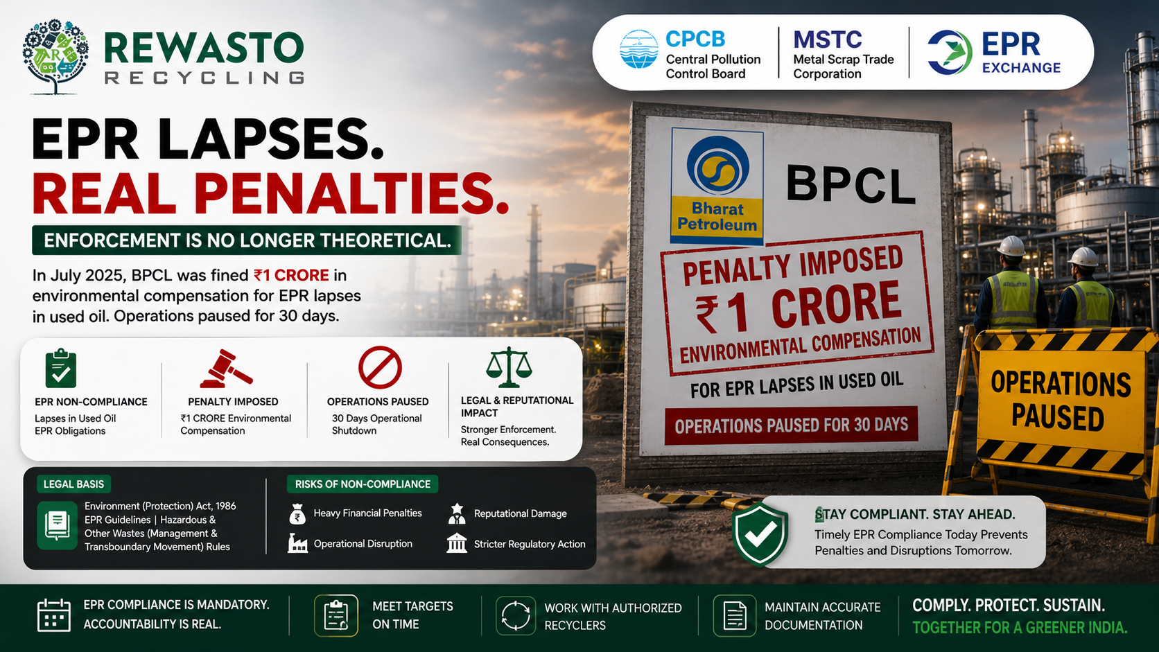 Regulatory enforcement / legal compliance / BPCL-type penalty action visual or In July 2025, BPCL was fined a crore in environmental compensation for EPR lapses in used oil.