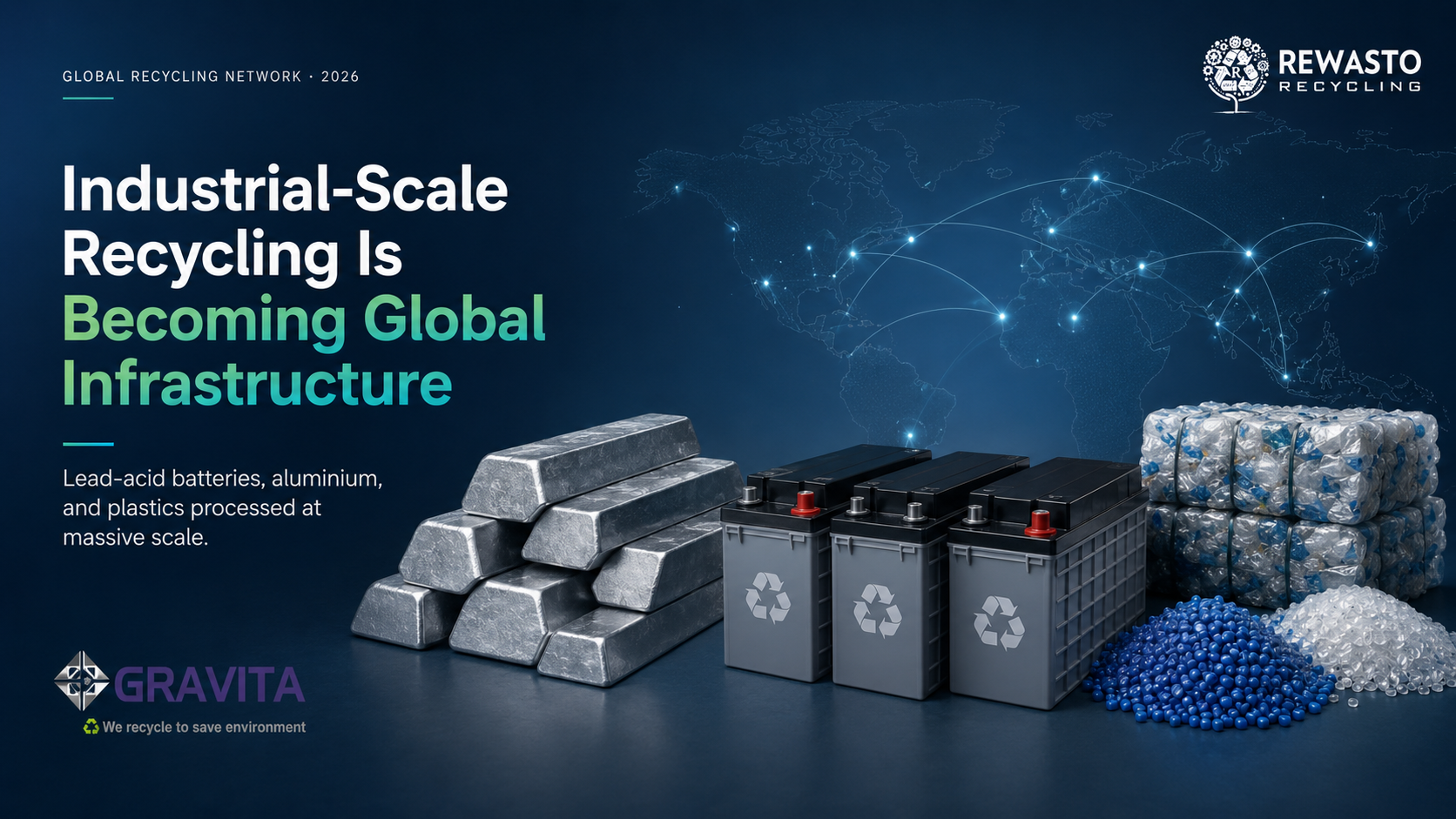 A premium editorial-style sustainability graphic featuring industrial recycling materials arranged on a dark navy-to-teal gradient background. The composition includes stacked aluminium ingots, modern lead-acid battery units, and recycled plastic pellets with compressed plastic bales, symbolizing large-scale recycling operations. Subtle glowing global connection lines and location nodes in the background suggest an international recycling network. Bold typography on the left reads “Industrial-Scale Recycling Is Becoming Global Infrastructure,” with supporting text about processing batteries, aluminium, and plastics at massive scale. The Gravita India logo appears at the bottom left, while the Rewasto Recycling logo is placed at the top right in monochrome white. 