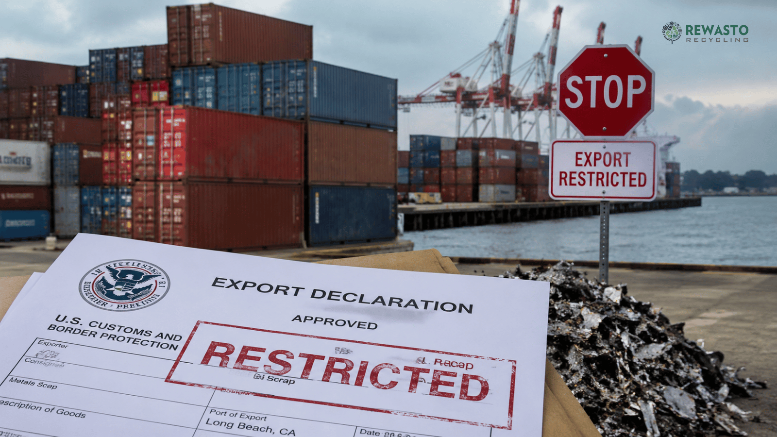 Cargo containers at a customs port representing export restrictions on battery scrap