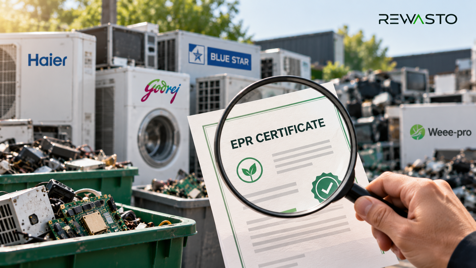 EPR certificate being verified over sorted e-waste at a recycling facility