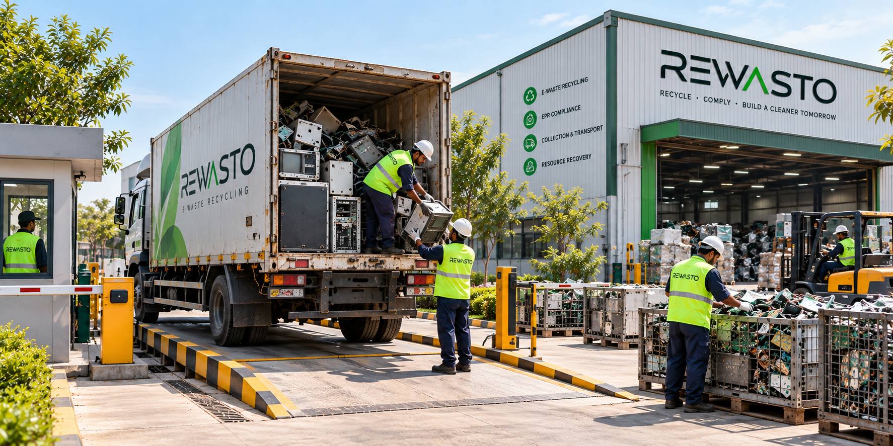 E-waste truck on a weighbridge at an EPR recycling facility gate
