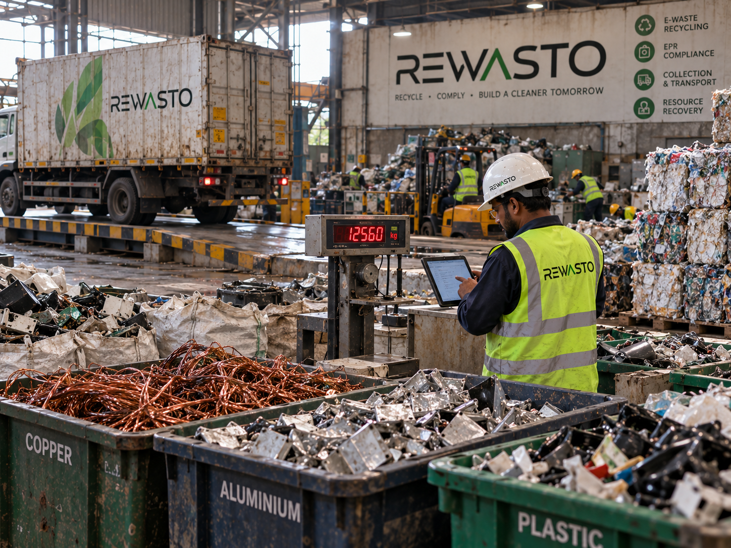 Sorted recovered material and weighment records at the Rewasto e-waste recycling facility