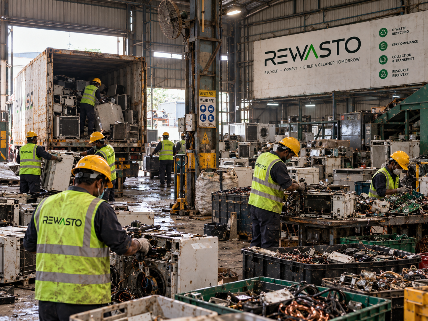 Rewasto team dismantling appliances in safety gear at an e-waste recycling facility